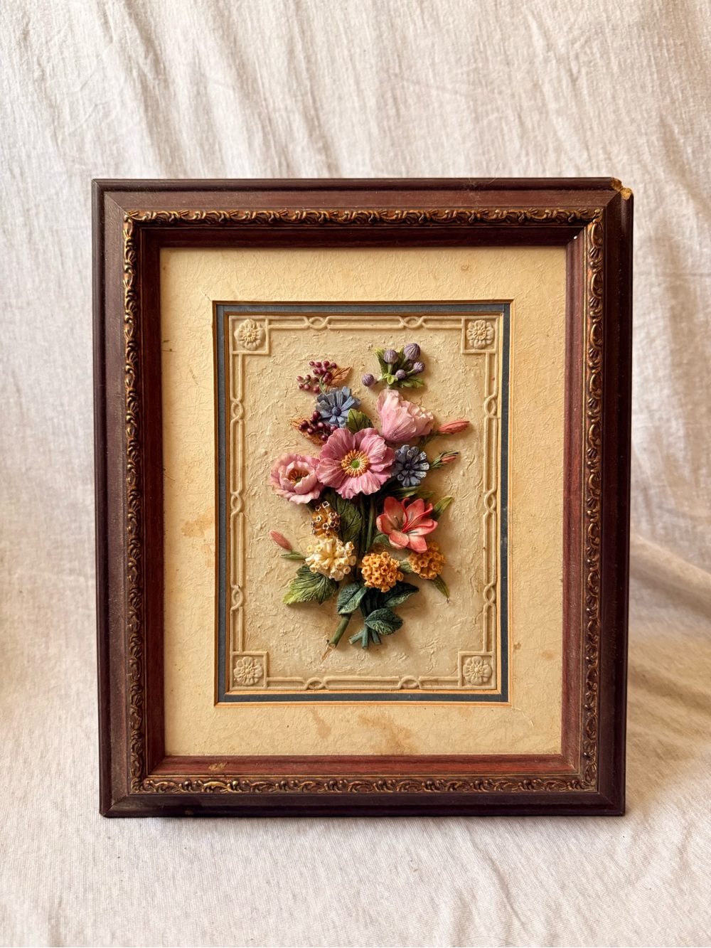 Vintage Framed Floral Relief Wall Art in Pink and Green